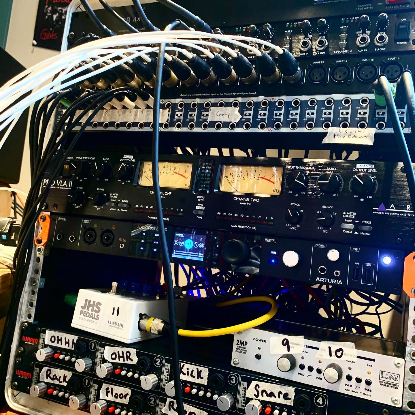 Close up of studio rack gear and cables